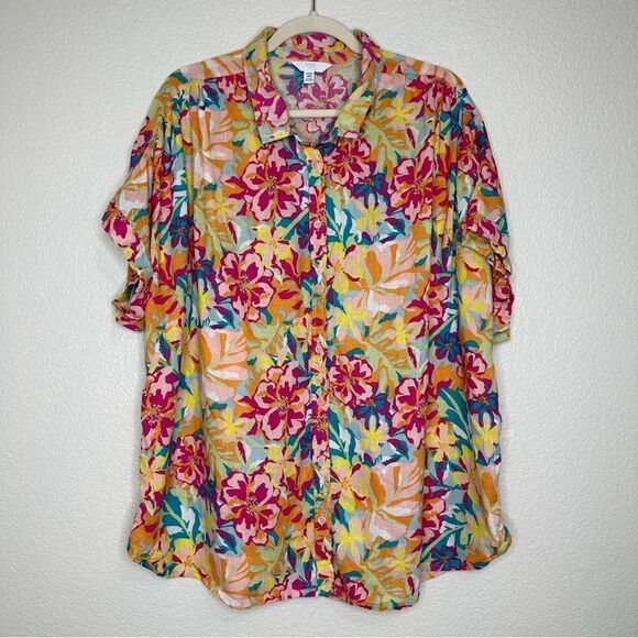 Time and Tru Linen Lyocell Blend Roll Cuff Button Down Shirt - Picture 1 of 11